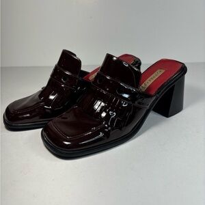 Vtg Brown Pattern Leather Womens Square Toe Fringe Chunky Block Heel Mules 7.5 M